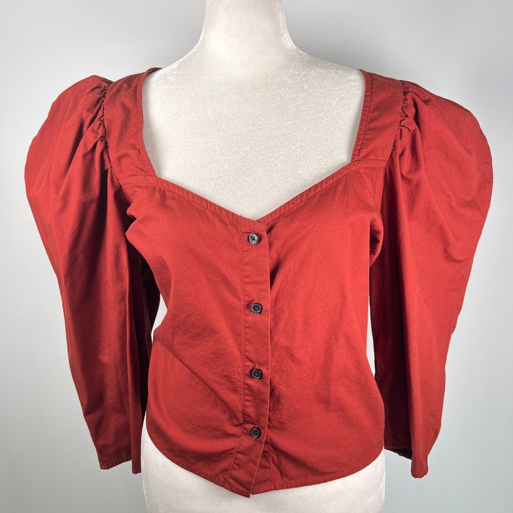 Levis Womens Red‎ Cotton Puff Sleeve Sweetheart Button Front Blouse 1X 14-16